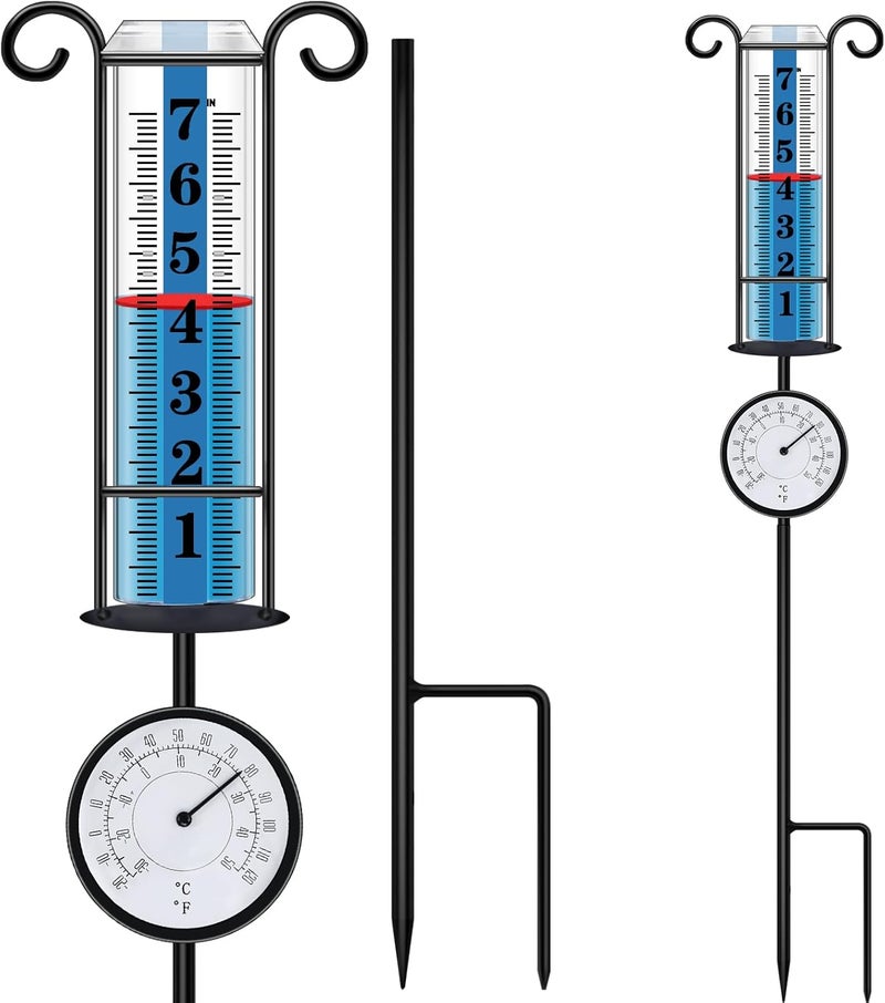 JMBay Rain Gauge Outdoor with Thermometer, Rain Gauges Outdoors Best Rated, Large Font Rain Measure Gauge for Yard, Rain Water Meter with Thickened Plastic Tube and Duralbe Metal Stake for Patio,Lawn - Image 1